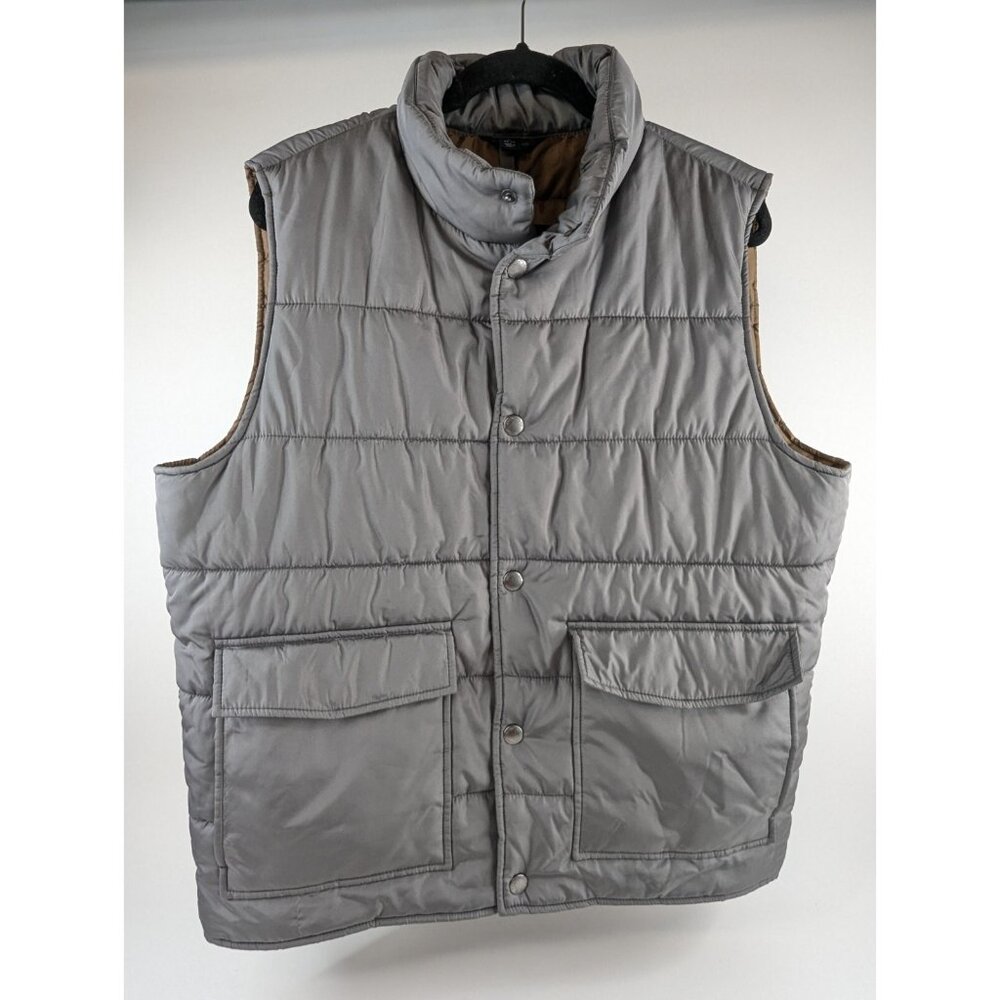 Lands' End Men’s Large Gray Puffer Vest – Snap & Zip Down Closure